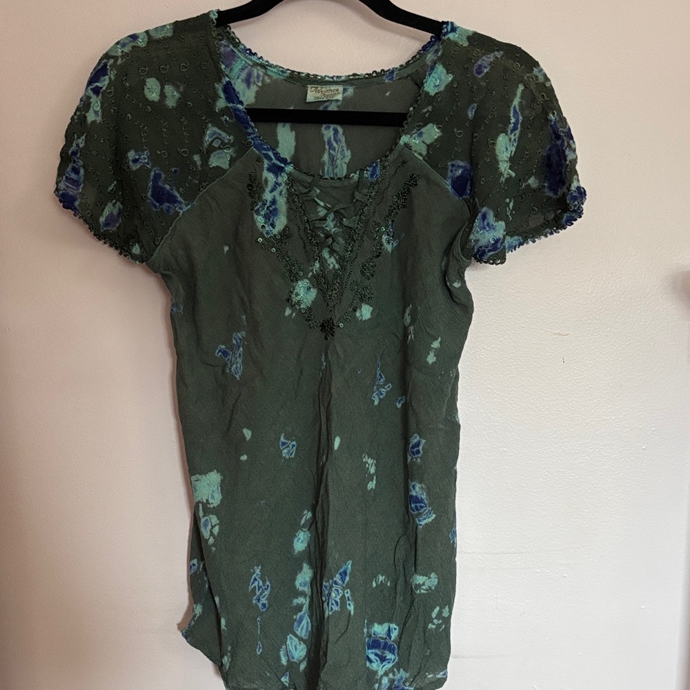 Advance Apparels Green and Blue Tie-Dye Blouse